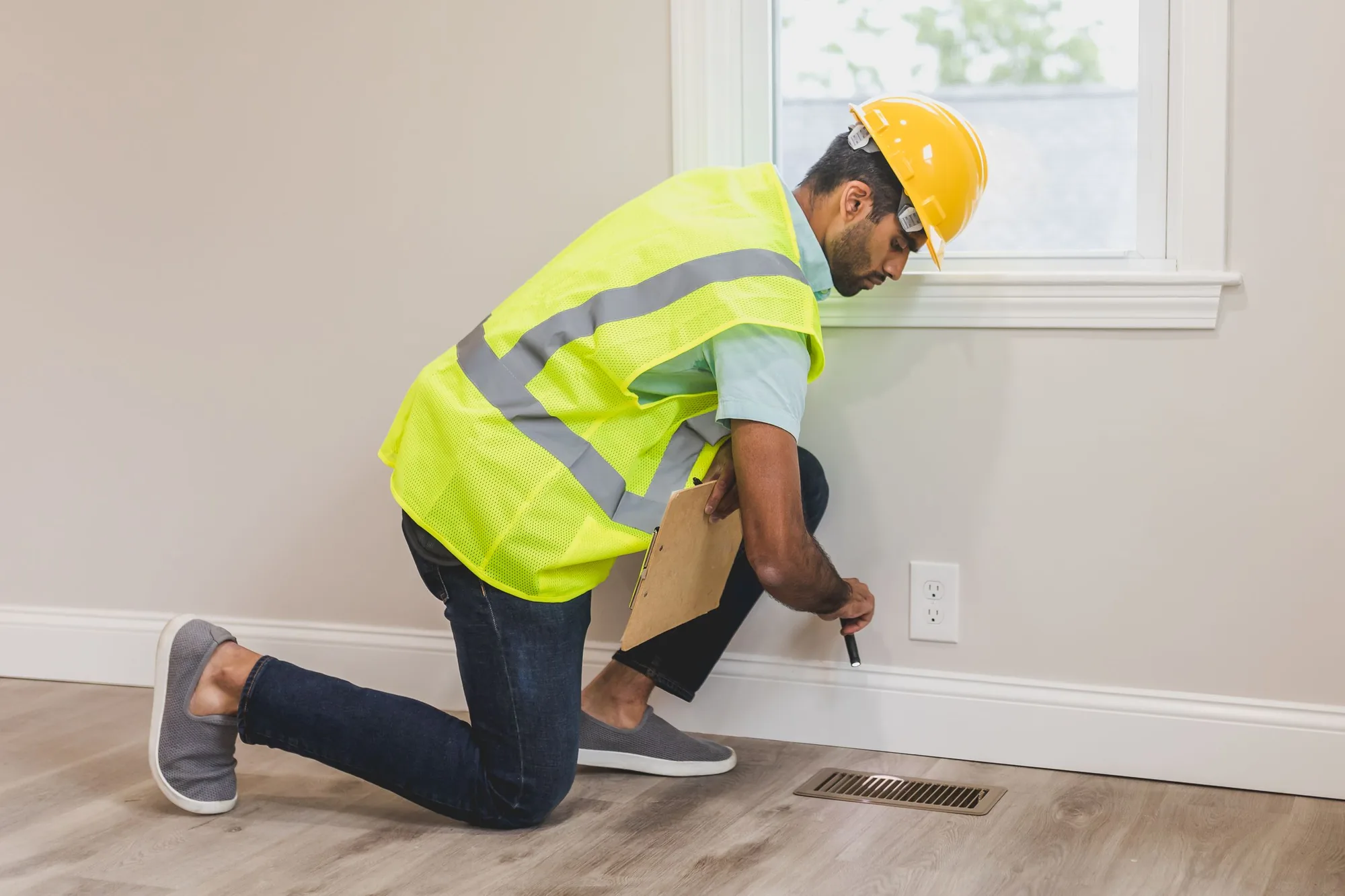 An inspector kneeling to check an air vent and electrical outlet with a flashlight