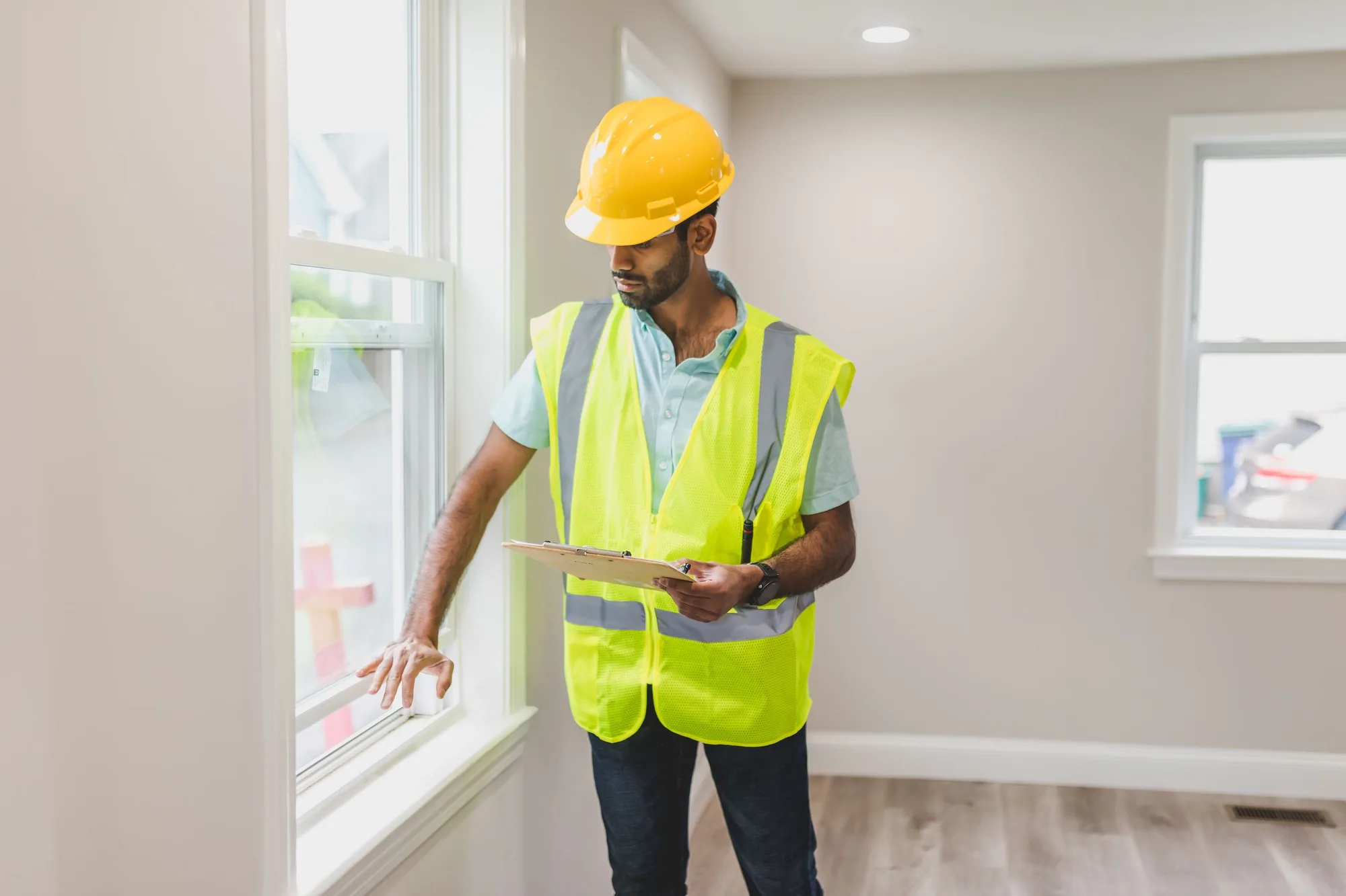 An inspector in a hard hat examining a window frame while holding a clipboard