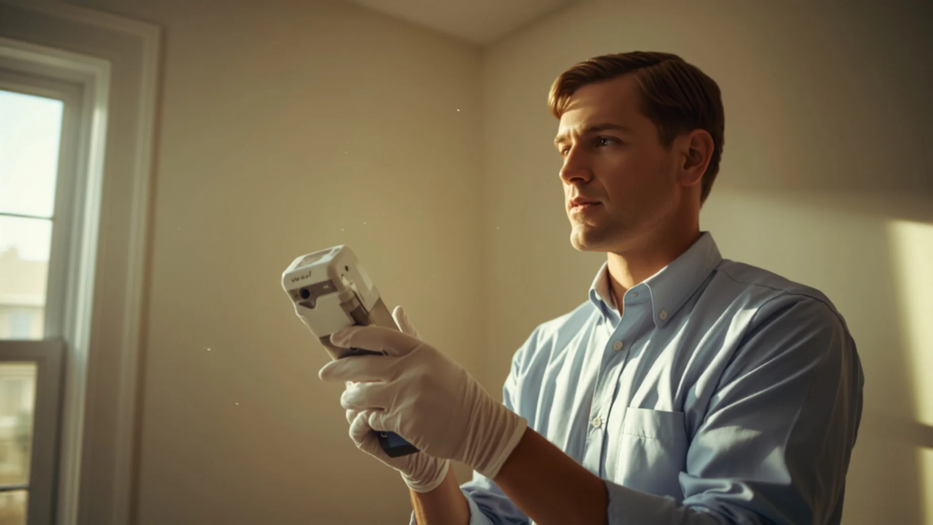Mold inspector using an air sampling pump during a post-remediation clearance test in a Jacksonville, FL home